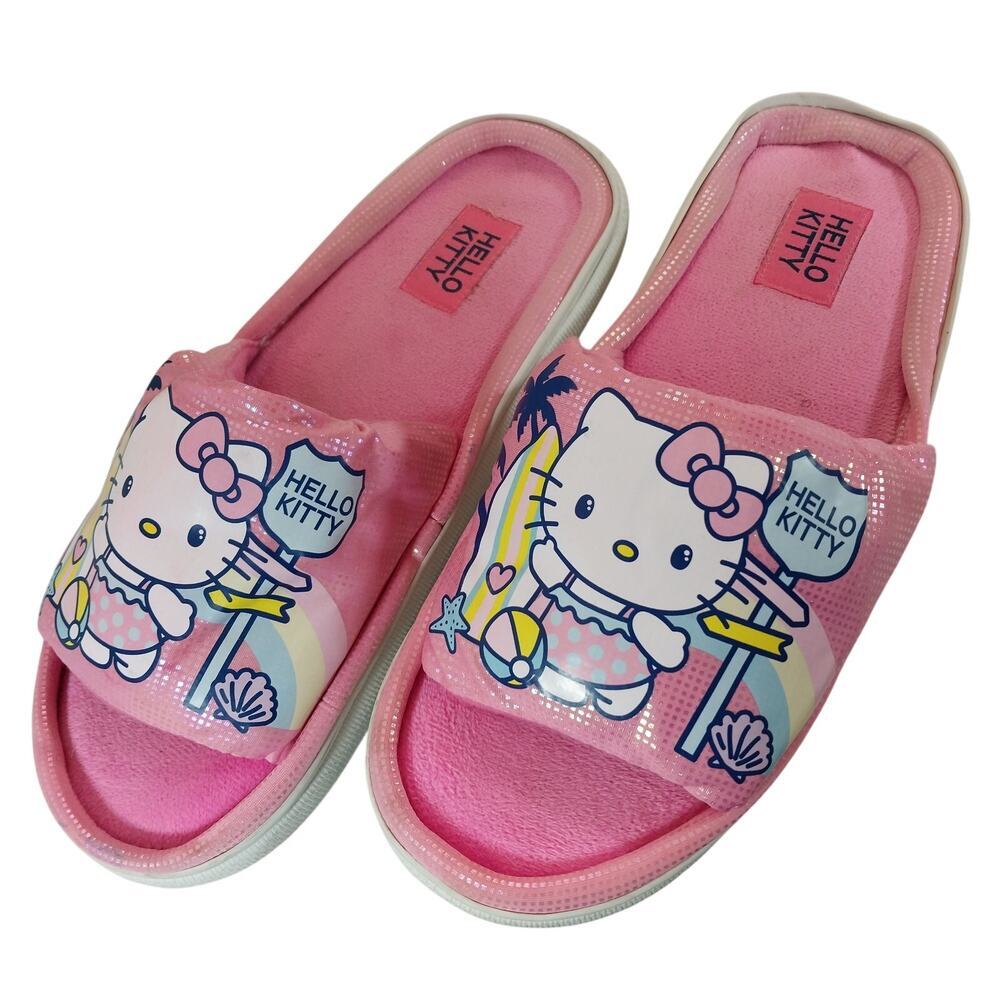 HELLO KITTY! PINK PADDED, KITTY AT THE BEACH GRAPHIC, DOTTED SLIPPERS! SZ L 8-10 - Picture 10 of 10